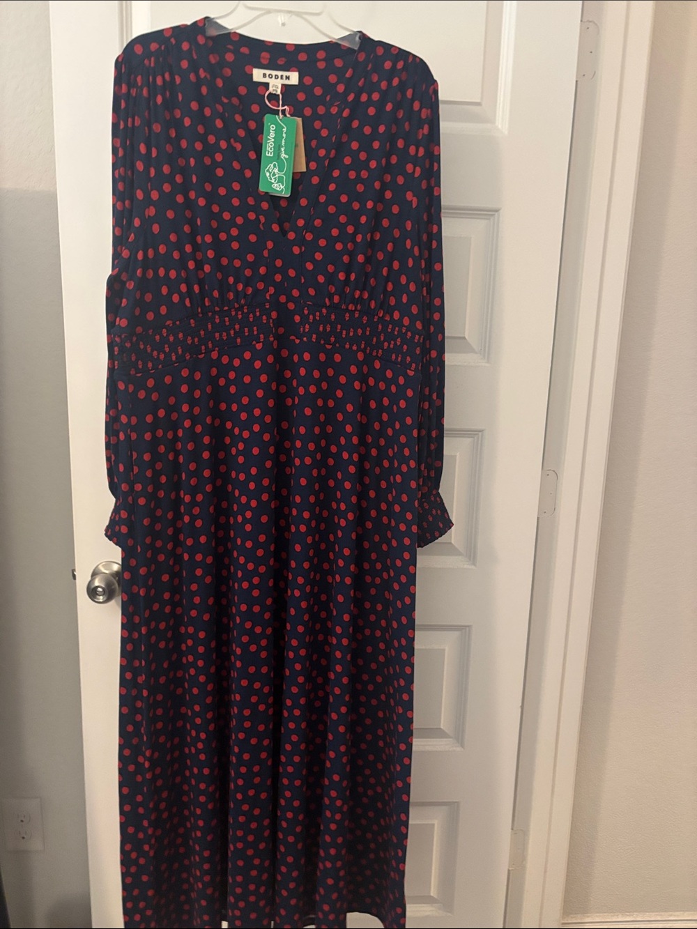 Boden Ivy Smocked Midi Navy Dress w/Red Polka Dots SZ 16/18T Fit & Flare  NWT